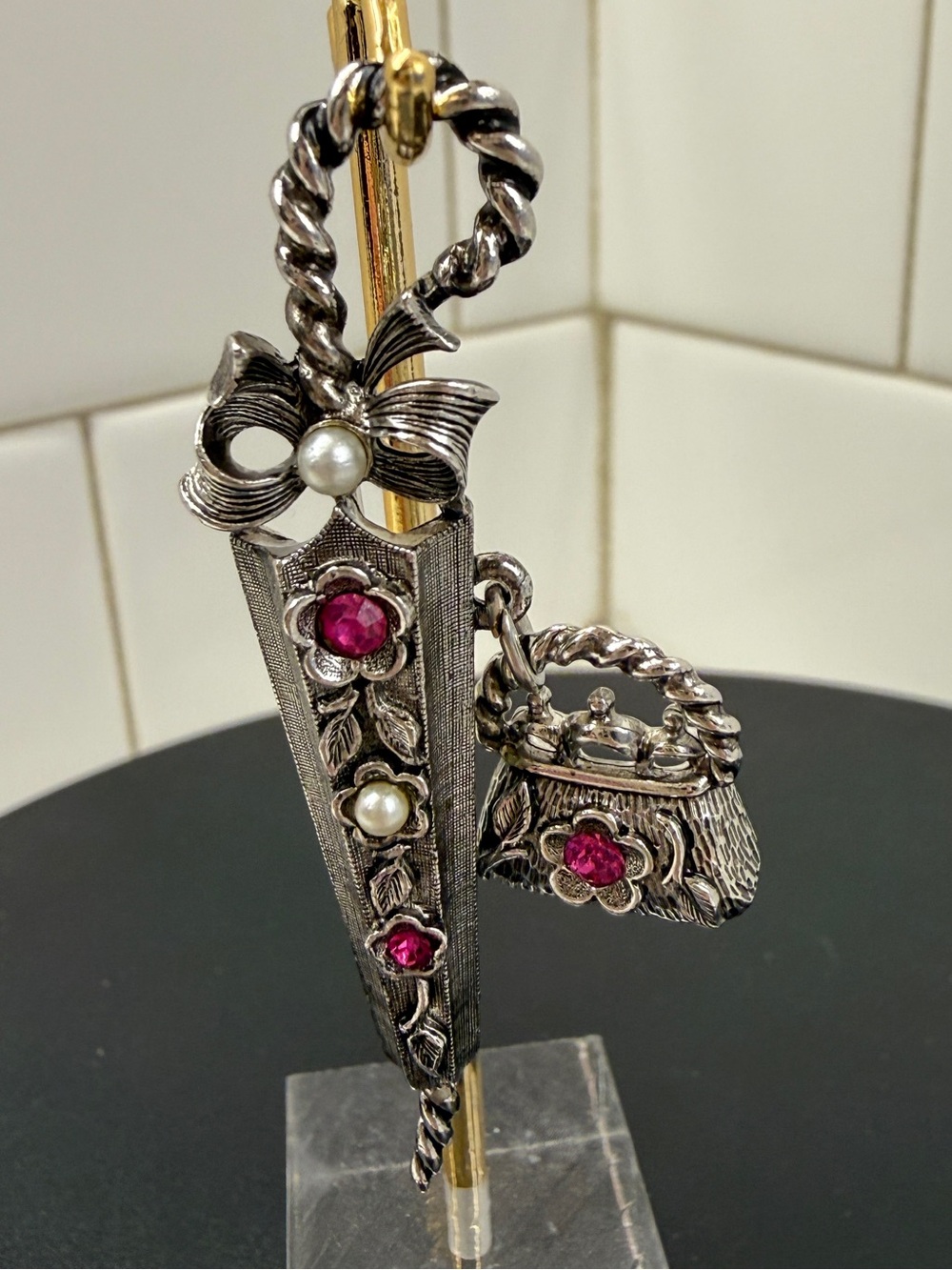 Umbrella Brooch with Dangling Purse Charm Pink Stones and Pearl Accents